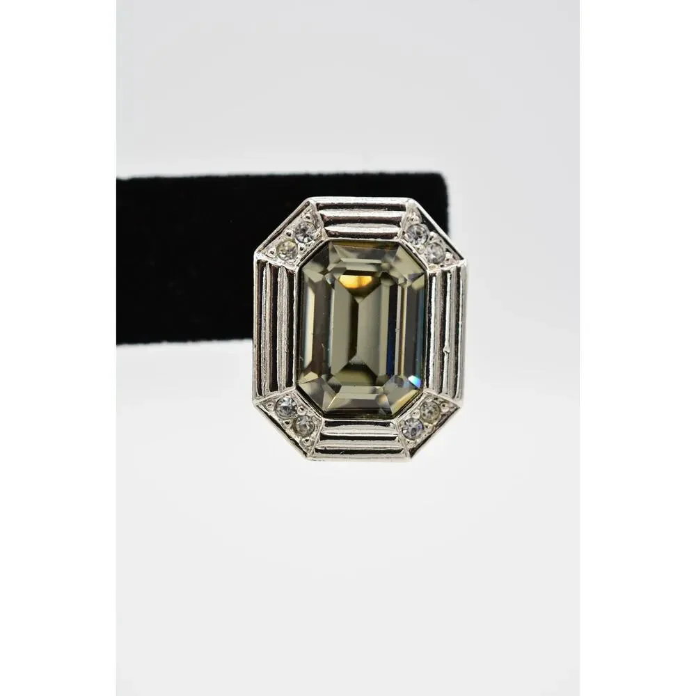 Vintage Crystal Clip On Earrings Chunky Baguette Gray Rhinestone Silver 1980s 9L